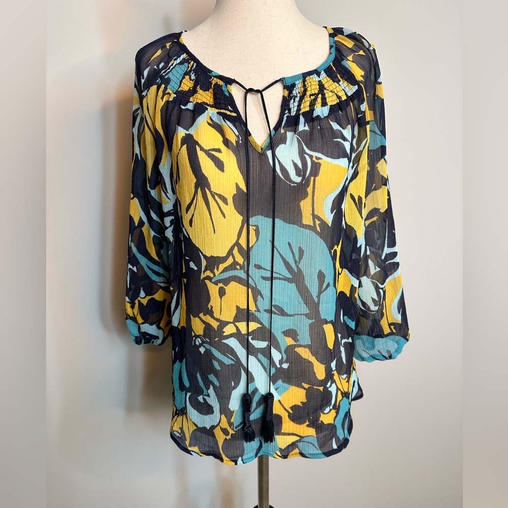 Sz Petite Large St John’s Bay long sleeve tie neck floral blouse teal yellow